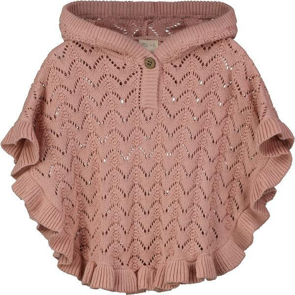 pink cotton knit lace poncho with wooden button and hood