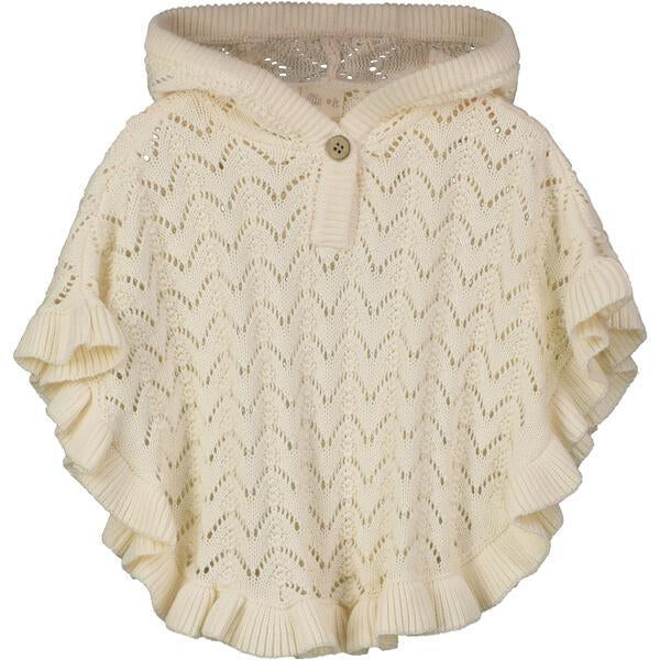 cream cotton knit lace poncho with wooden button and hood