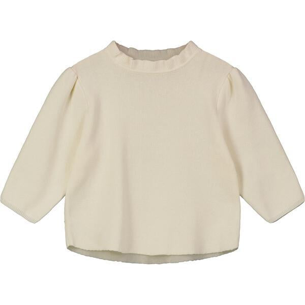 cream cotton knit sweater with ruffle neck