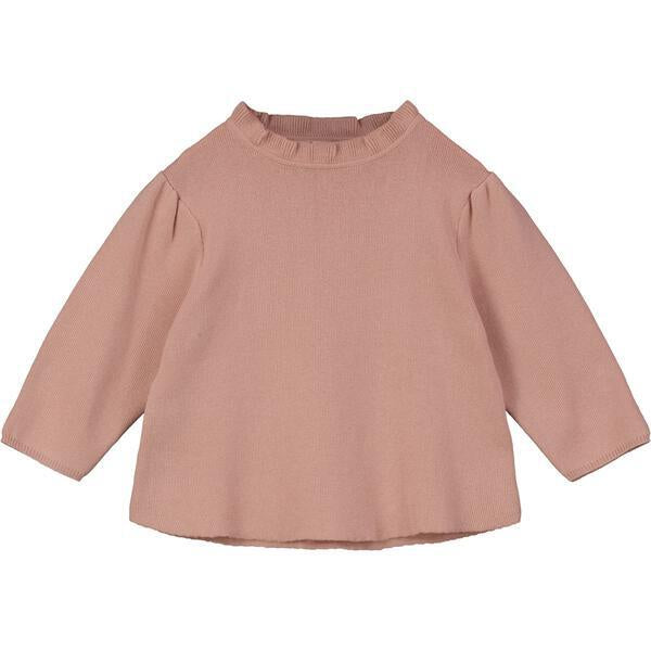 pink cotton knit sweater with ruffle neck 