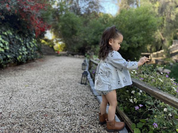 toddler in garden in sunshine wearing blue short dress with matching bloomers in all over yeti print