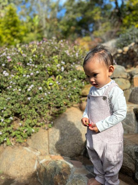 happy toddler in autumn sunshine wearing pink jersey rib overalls with side patch pockets