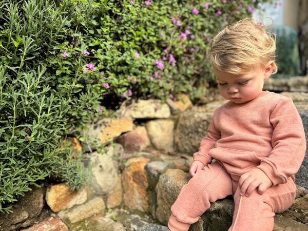 toddler sat in garden wearing rust sweatshirt with hands through patch pocket on the front side snap opening on neck and matching sweat pants