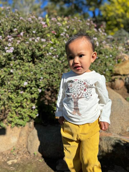 happy toddler in sunshine wearing long sleeve cream tee with tree and flower print and yellow pants