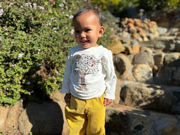 happy toddler in sunshine wearing long sleeve cream tee with tree and flower print and yellow pants