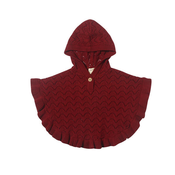 rust cotton knit lace poncho with wooden button and hood