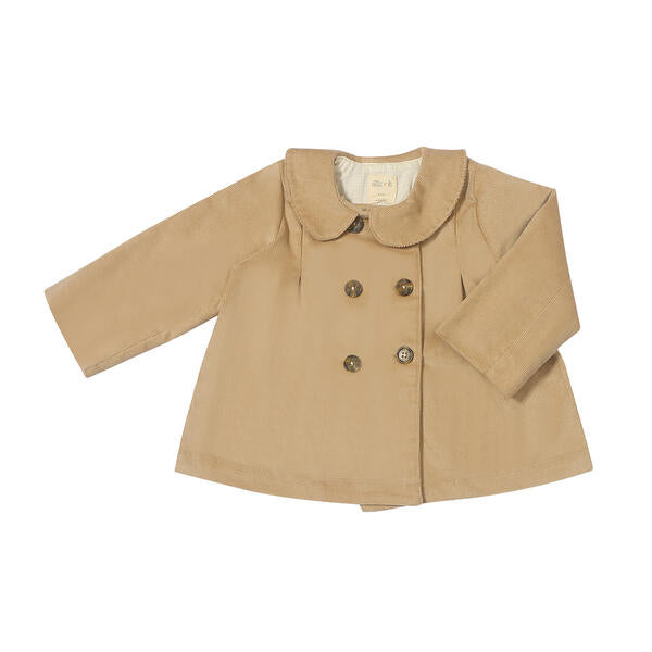 cord jacket with double breasted buttons and peter pan collar tan color