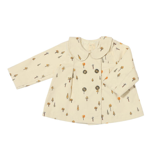 cord jacket with double breasted buttons and peter pan collar cream tree print