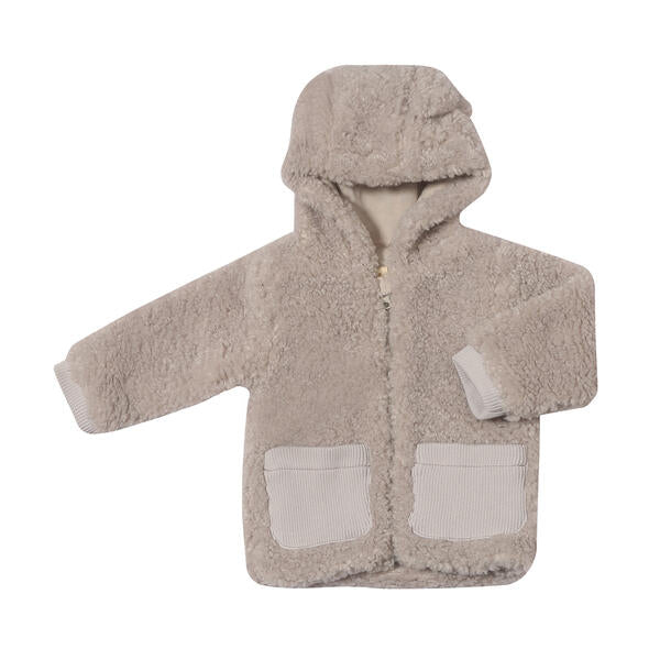 grey fleece fluffy jacket with bear ears on hood two patch pockets