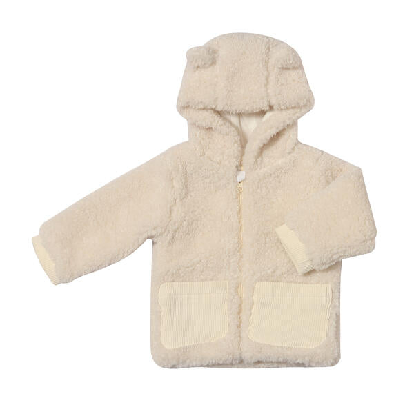 cream fleece fluffy jacket with bear ears on hood two patch pockets