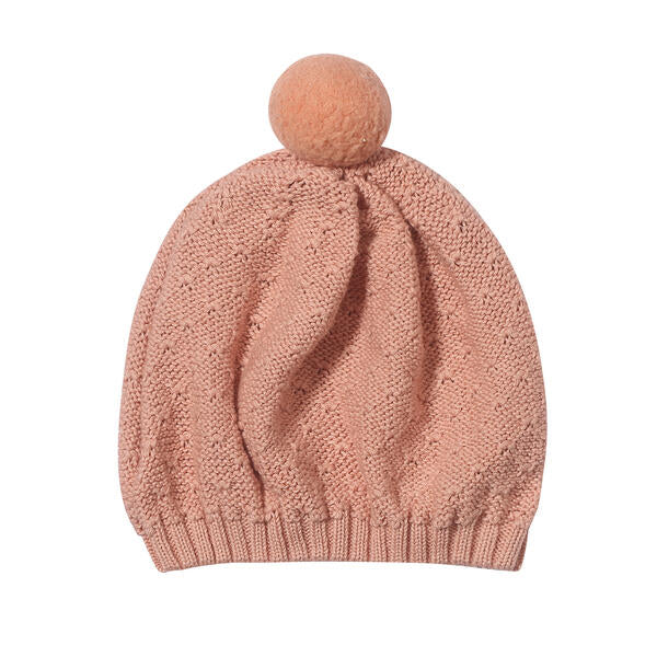 pink cotton knit pompom beret hat 