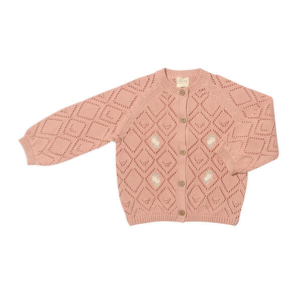 lace knit cardigan in pink with embroidered flowers and front button fastenings 