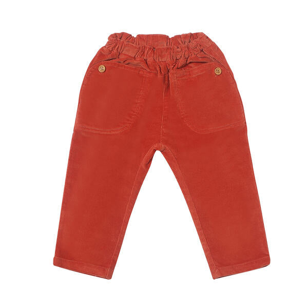 rust cord pants with patch pockets and button detail 