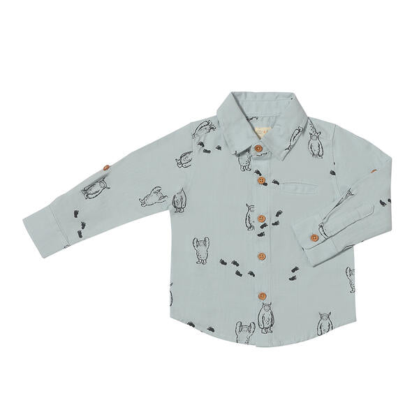 blue yeti print long sleeved shirt buttons down the front and on cuffs