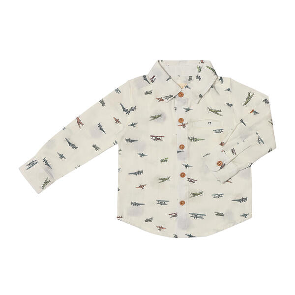 airplane print long sleeved shirt buttons down the front and on cuffs