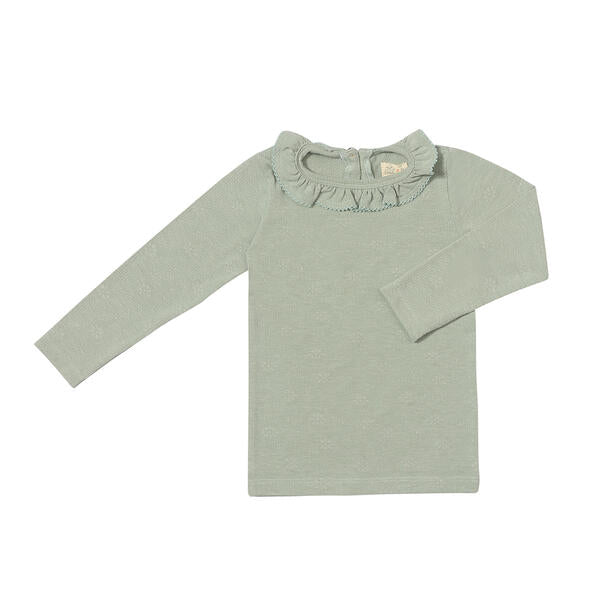 green long sleeve patterned fabric tee with frill neck