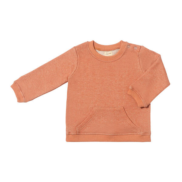 rust sweatshirt with hands through patch pocket on the front side snap opening on neck 