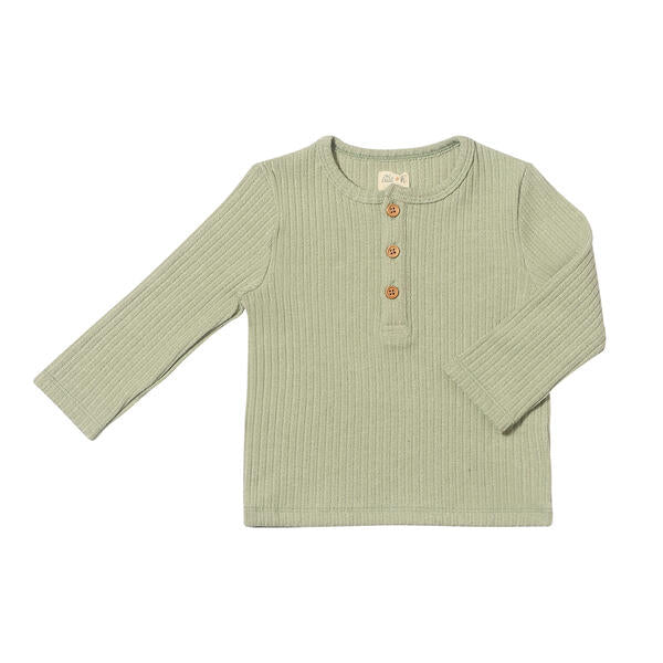 green ribbed jersey henley top 3 buttons on front 