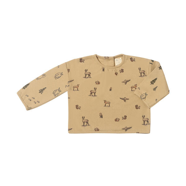 sweat top in beige with woodland critters print back opening