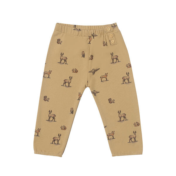 sweat pants in beige with woodland critters print 3 button detail