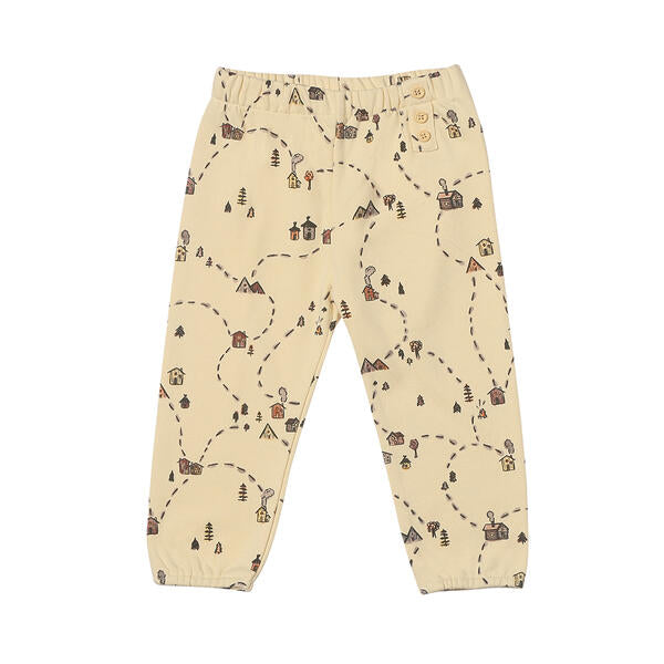 sweat pants in cream with village map print 3 button detail 