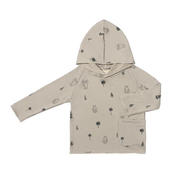  grey hooded sweat top with patch pocket and all over yeti print 