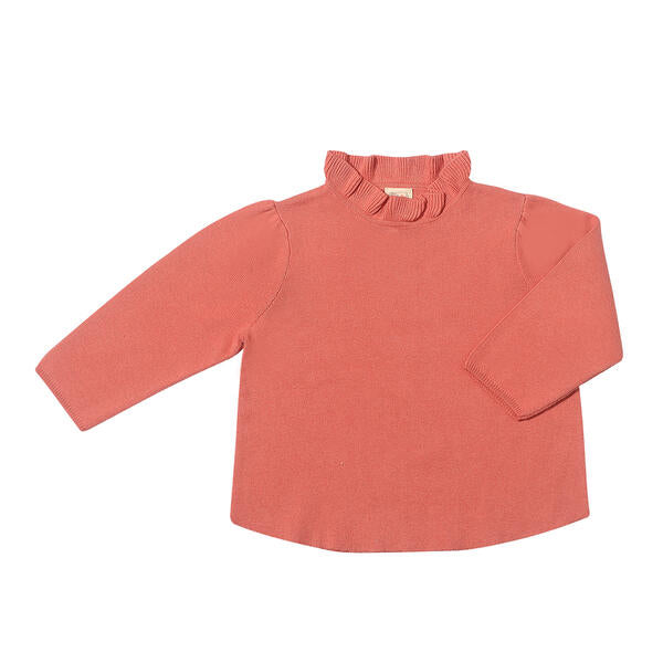 pink cotton knit sweater with ruffle neck