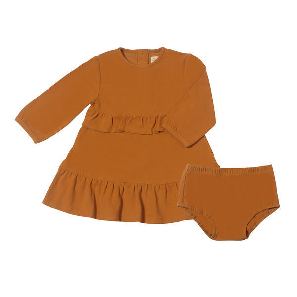 gold long sleeved dress with frill at waist and hem matching diaper cover pants