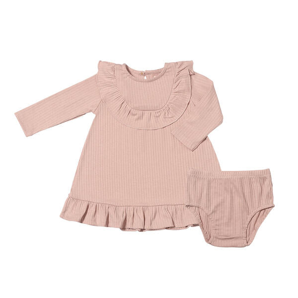 pink long sleeved jersey rib dress with frill around front, shoulders and hem matching diaper cover pants 