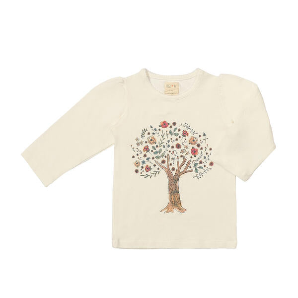 long sleeve cream tee with tree and flower print