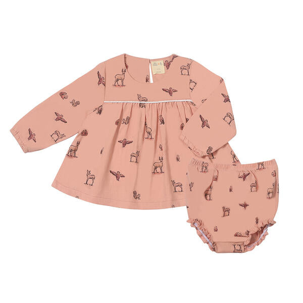 pink short dress with matching bloomers in all over critters print