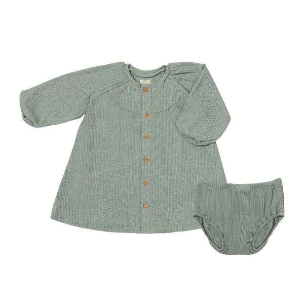 green long sleeved jersey rib dress. buttons down the front matching diaper cover pants