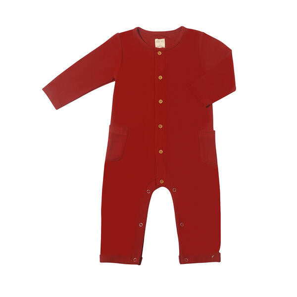 red romper with front buttons and side patch pockets