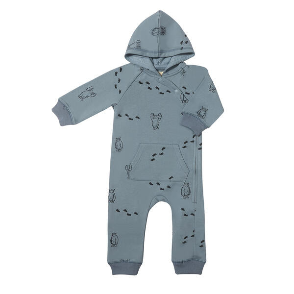 long sleeved hooded romper with patch pocket and side zip fastening  in blue with yeti print