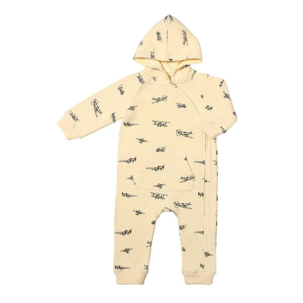 long sleeved hooded romper with patch pocket and side zip fastening  in cream with airplane print