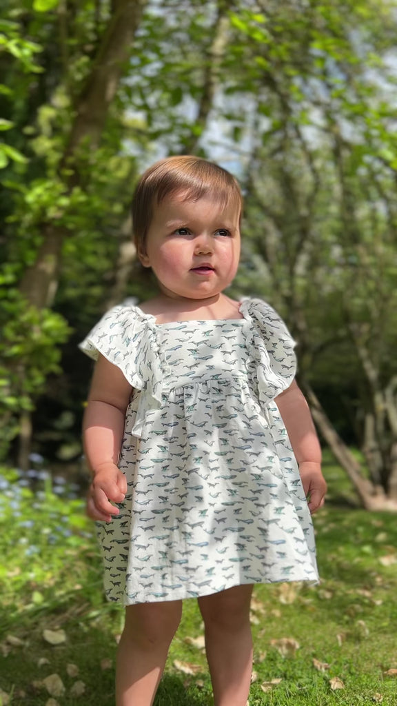 toddler standing in sunny garden wearing white dress in cotton jersey with frill over shoulders in whale print